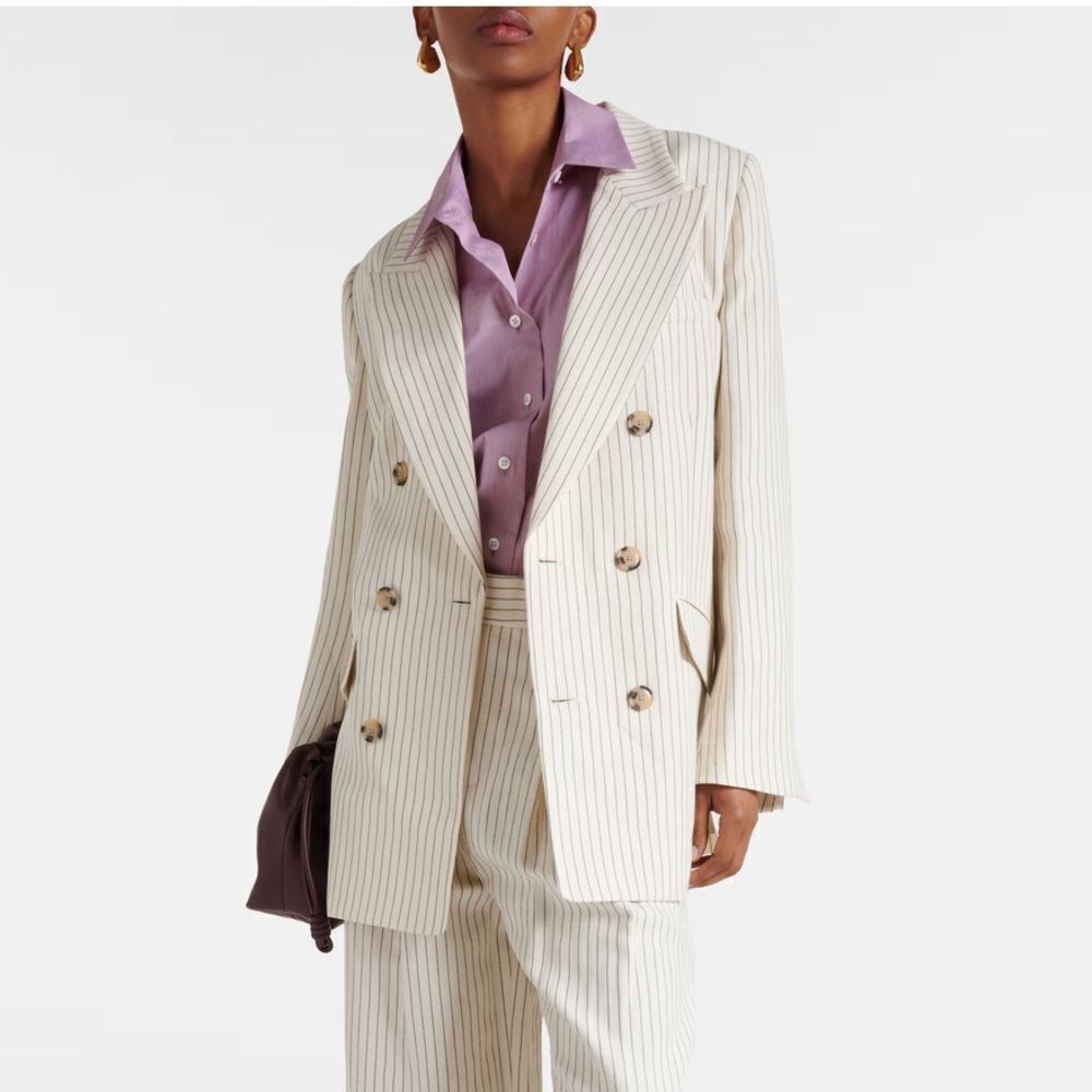 NEW Frame Pinstripe Cotton-Linen Double Breasted Blazer Cream Multi Size 2